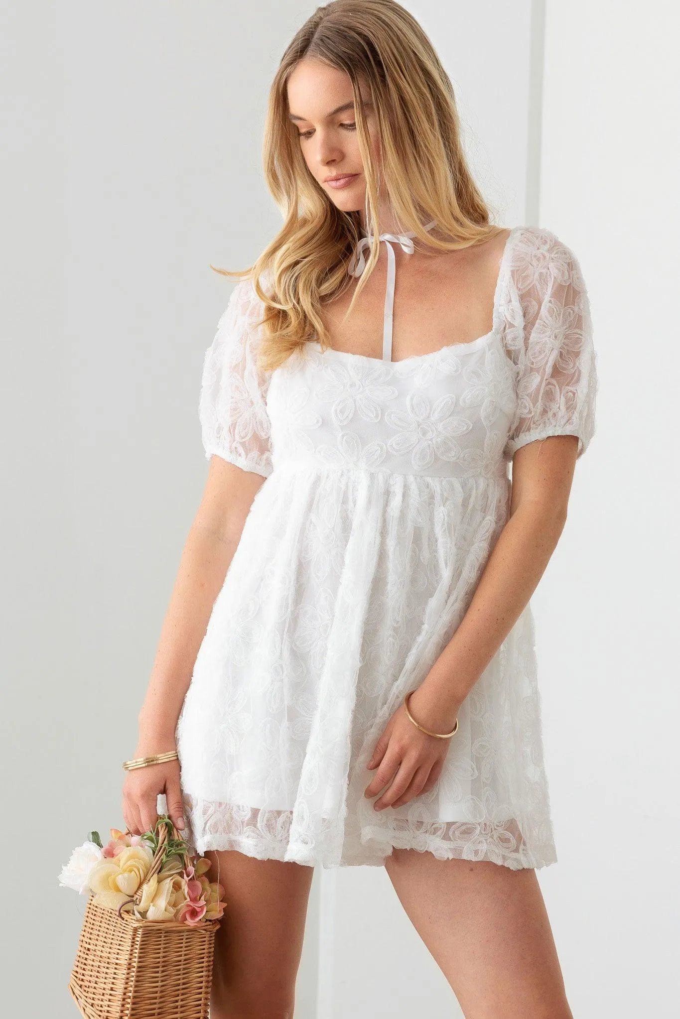 Floral Embroidered Puff Sleeve Mini Babydoll Dress