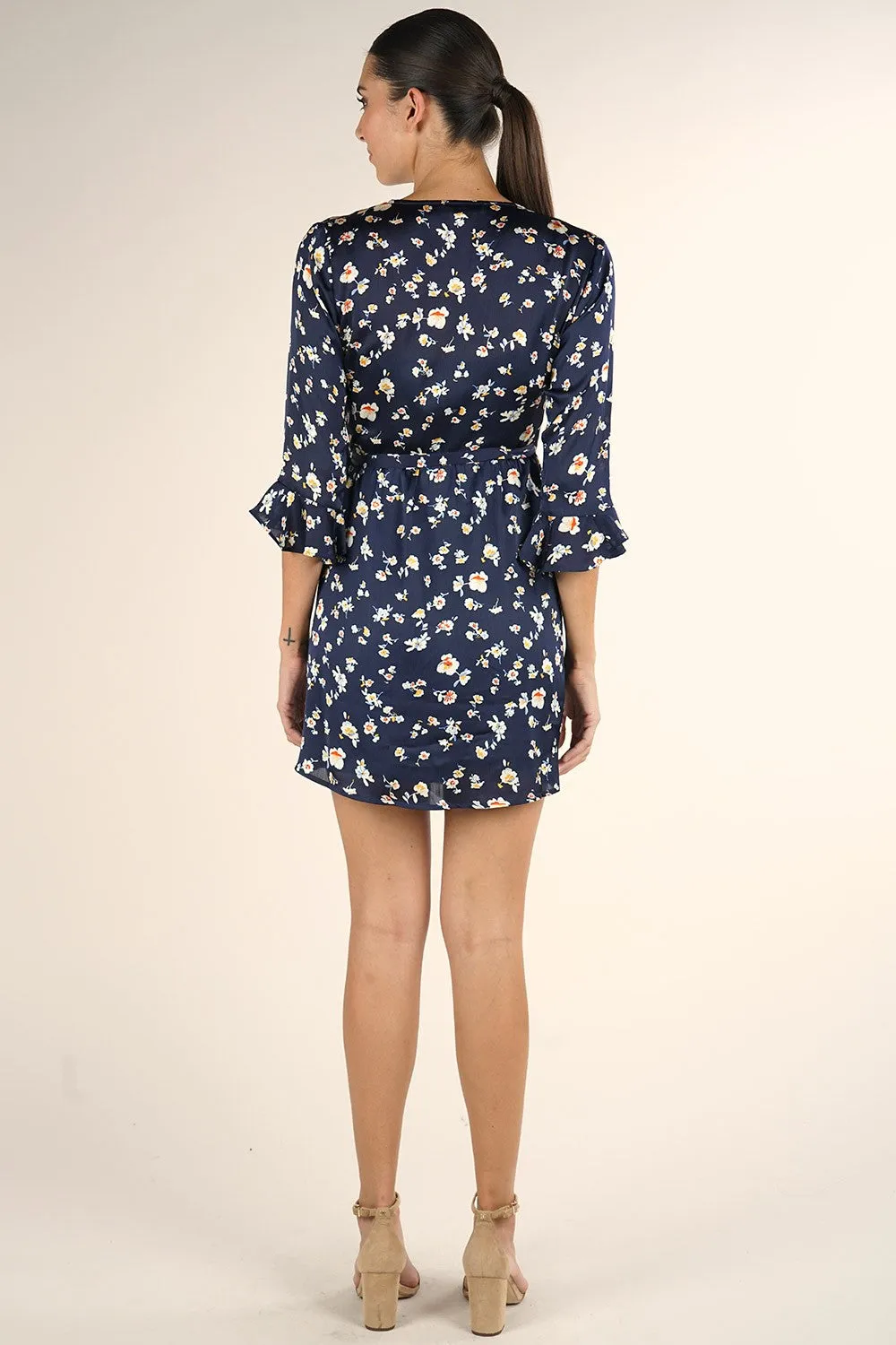 Floral Wrap Three Quarter Sleeve Mini Dress