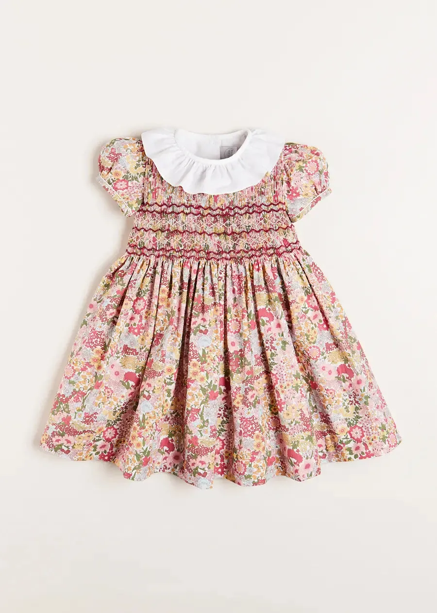 Florence Floral Handsmocked Short Sleeve Dress in Pink (18mths-10yrs)