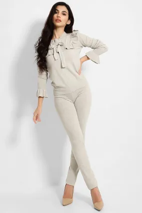 FRILL BOW NECKLINE JUMPER & TROUSERS KNIT GREY LOUNGE SET