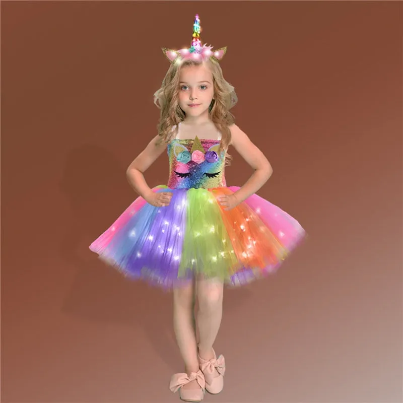 Girls Shiny Unicorn  Dress Glowing Kids Unicorn Dresses For Girls Hallowmas Party Princess Dress Children Clothing vestidos