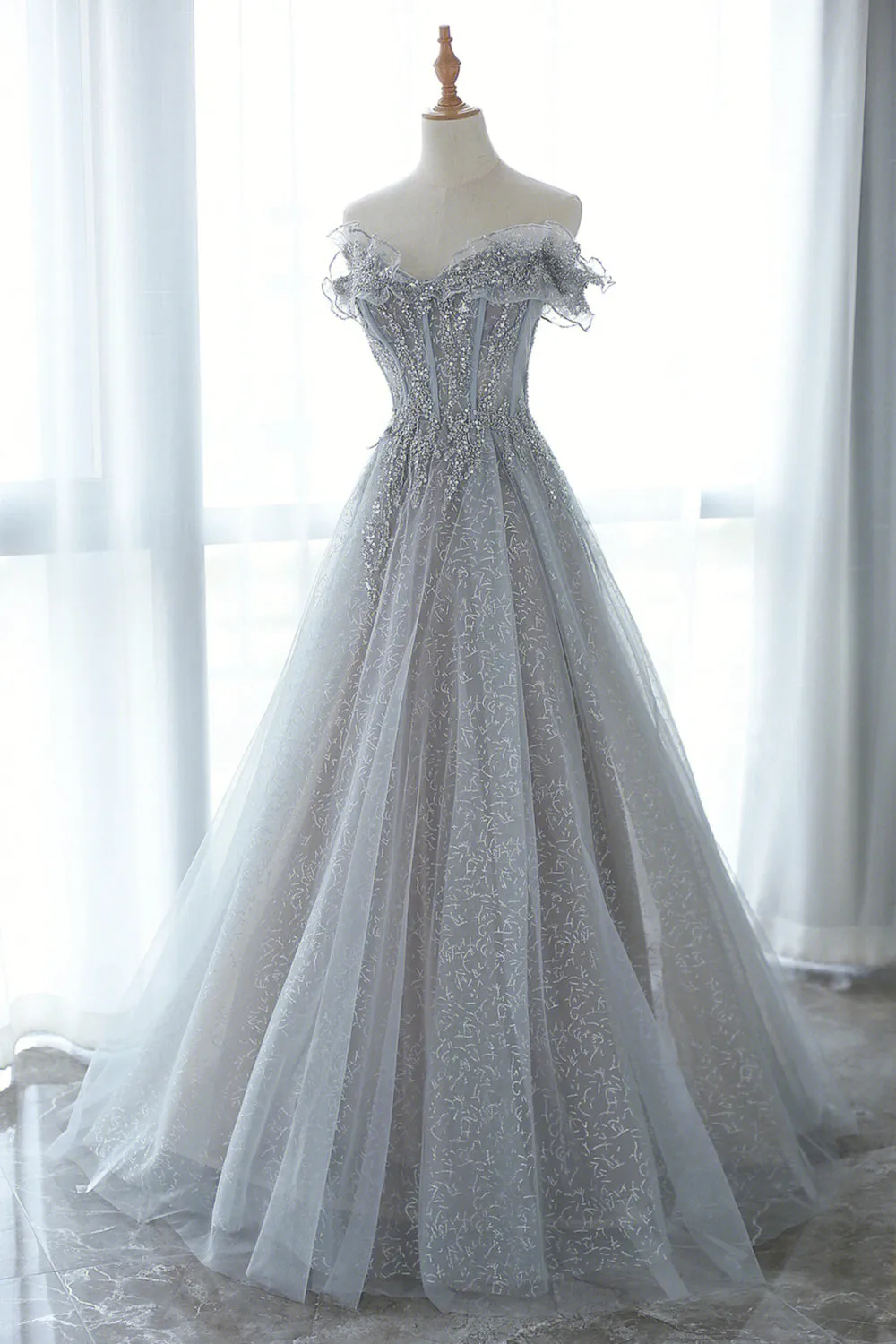 Gray Tulle Lace Floor Length Evening Dress, Off the Shoulder Prom Dress