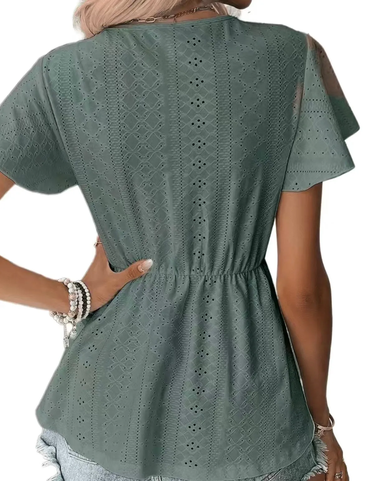 Green Eyelet Embroidered VNeck Babydoll Top