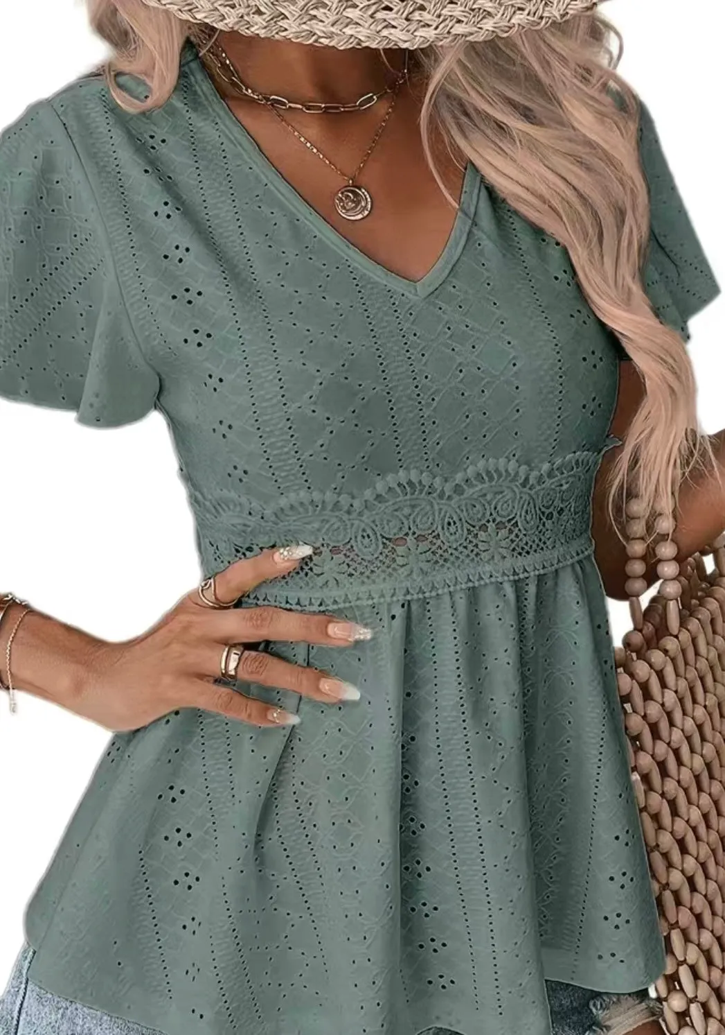 Green Eyelet Embroidered VNeck Babydoll Top