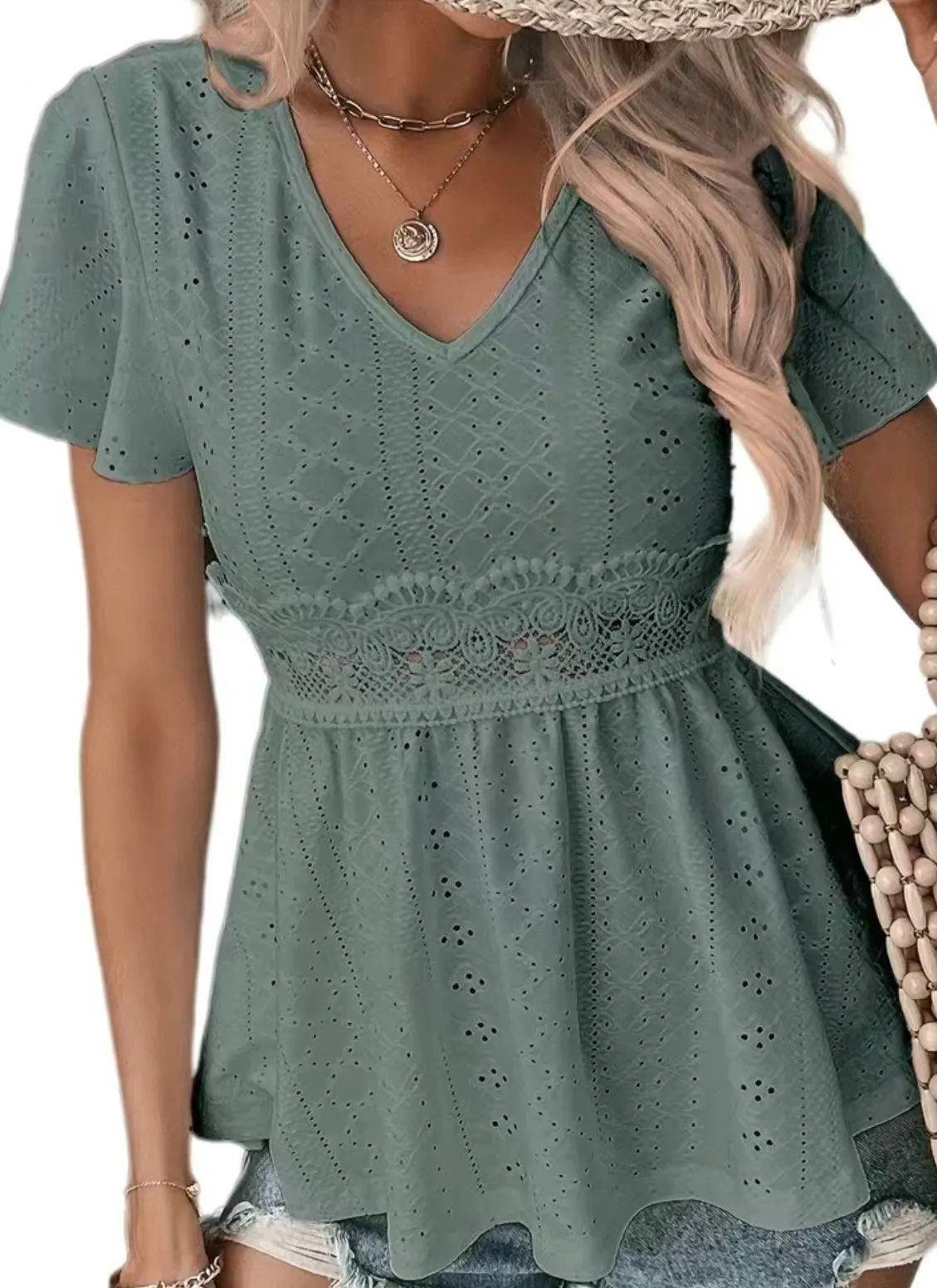 Green Eyelet Embroidered VNeck Babydoll Top