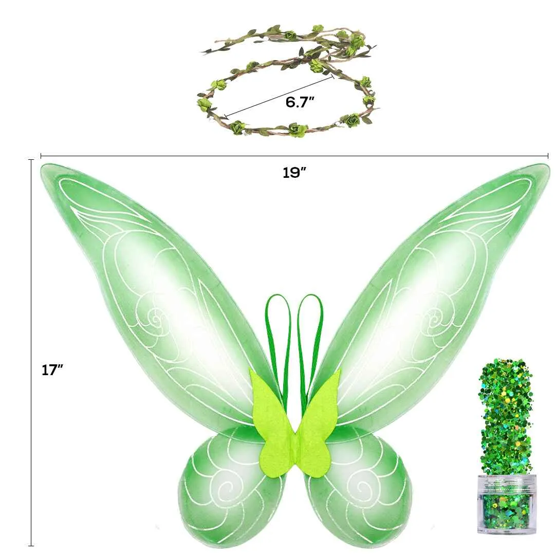 Green Fairy Costume Accessories Set - Fairy Wings, Fairy Crown - FUNCREDIBLE