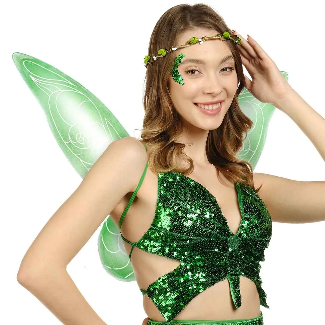 Green Fairy Costume Accessories Set - Fairy Wings, Fairy Crown - FUNCREDIBLE