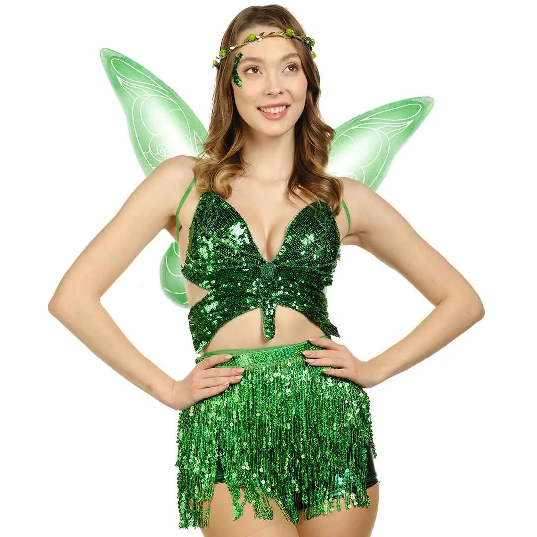 Green Fairy Costume Accessories Set - Fairy Wings, Fairy Crown - FUNCREDIBLE