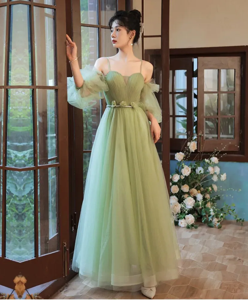 green tulle a line long prom dress, green tulle formal dress   fg2704