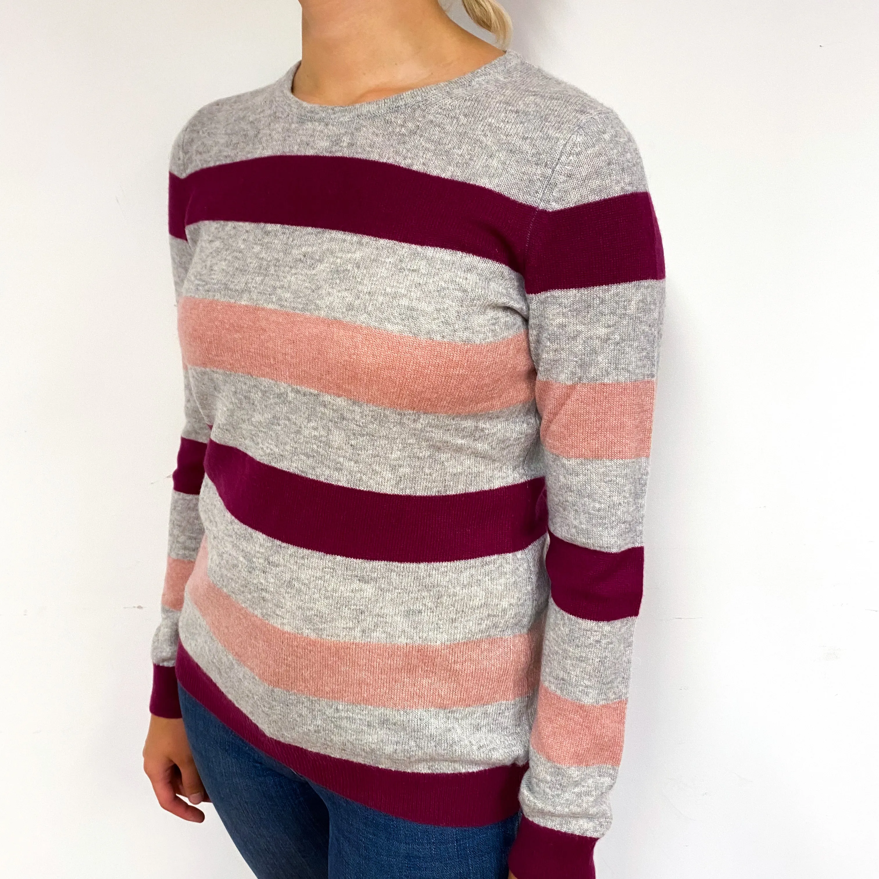 Grey Pink Stripe Cashmere Crew Neck Jumper Small