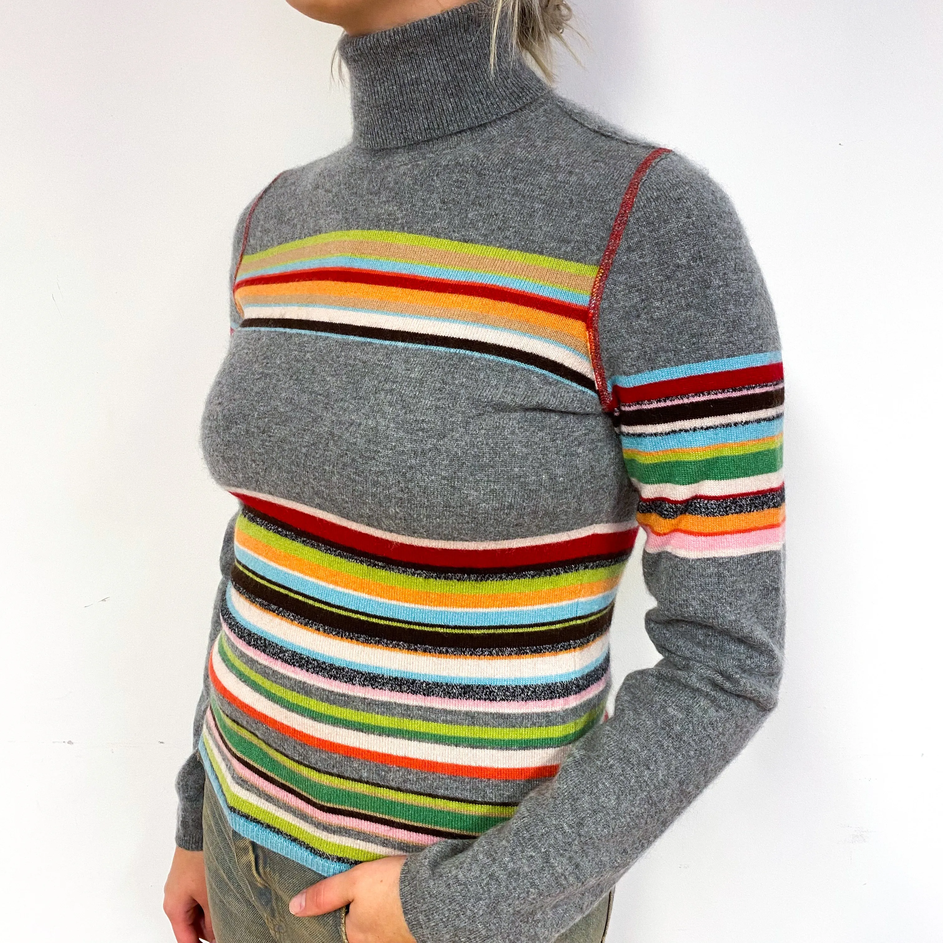 Grey Rainbow Stripe Cashmere Polo Neck Jumper Small