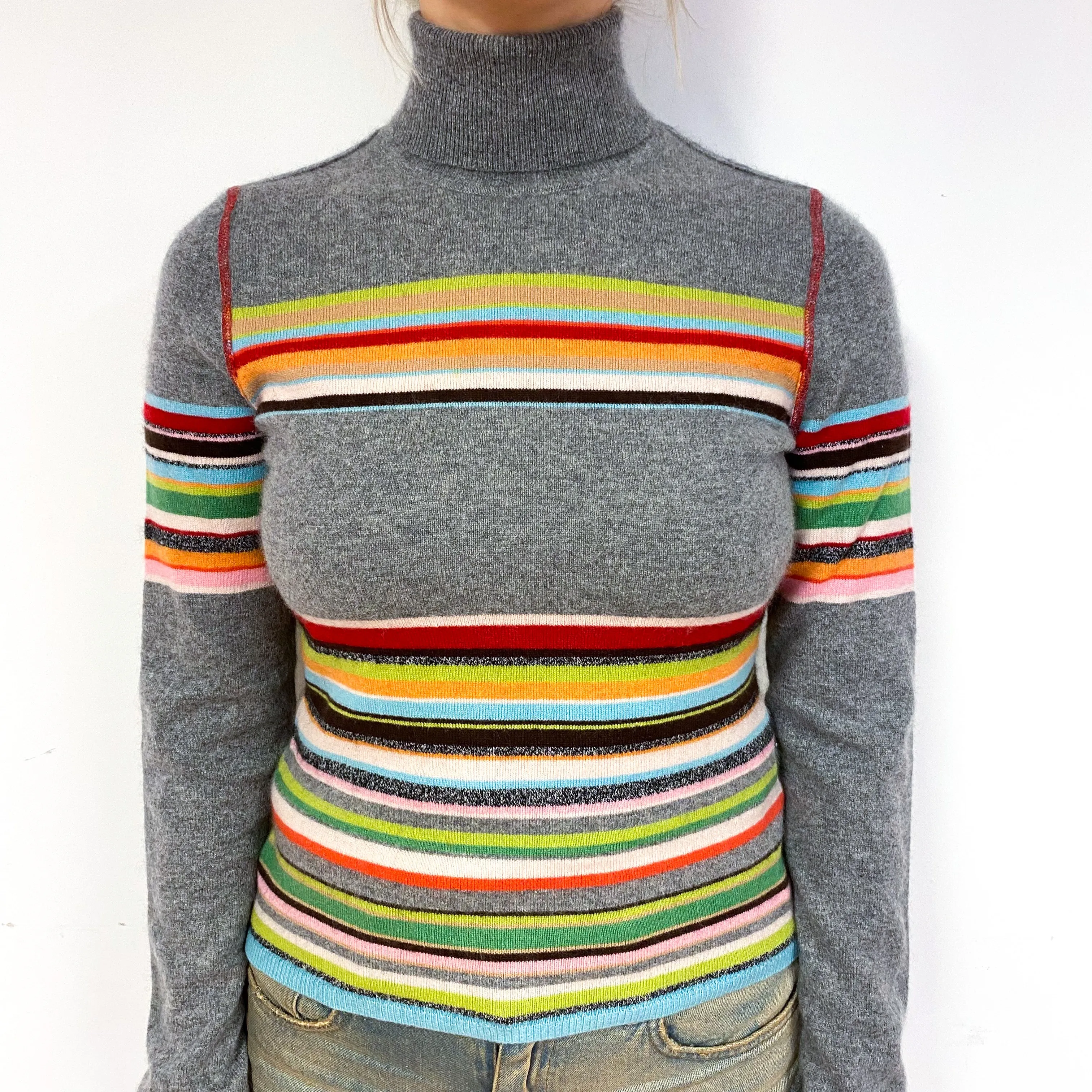 Grey Rainbow Stripe Cashmere Polo Neck Jumper Small