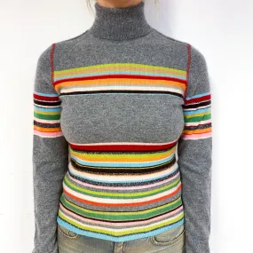 Grey Rainbow Stripe Cashmere Polo Neck Jumper Small