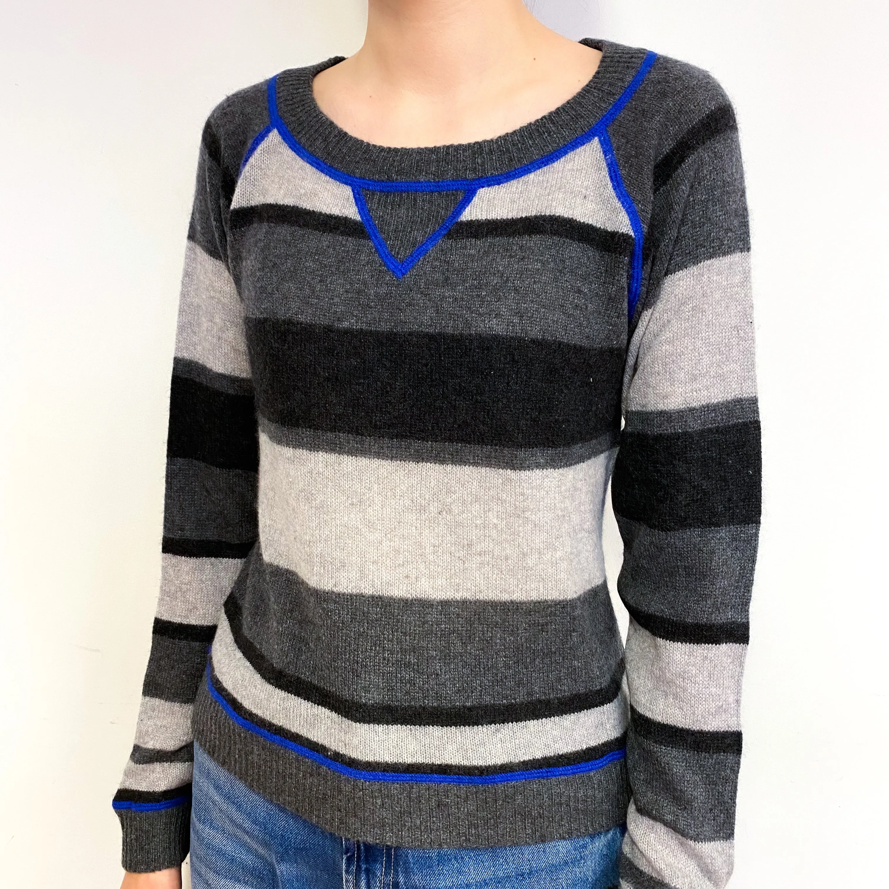 Grey Stripe Lightweight Cashmere Crew Neck Jumper Extra Small