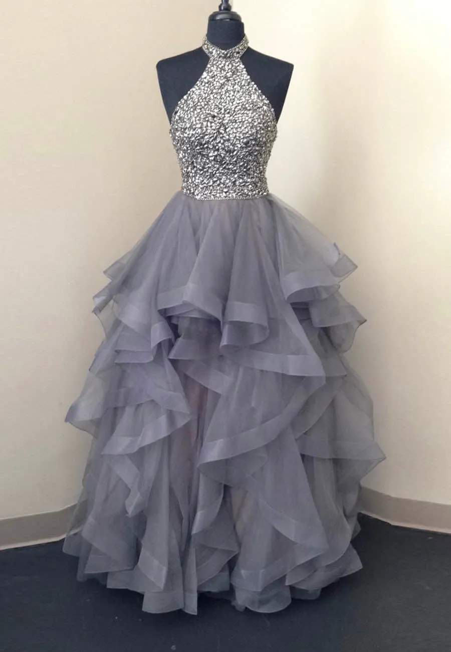 Grey Tulle Long Prom Dresses, A-Line Evening Dresses