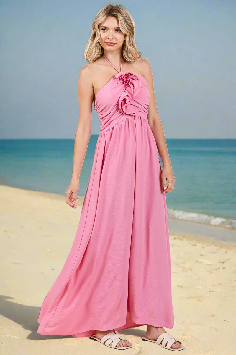 Halter Neck Smocked Embellished Maxi Dress