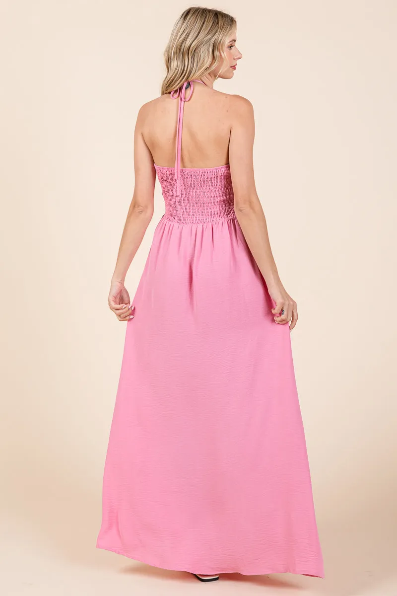 Halter Neck Smocked Embellished Maxi Dress