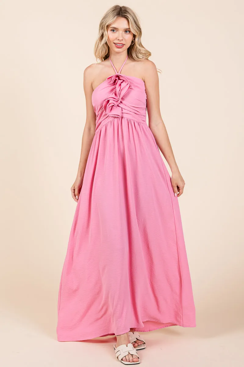 Halter Neck Smocked Embellished Maxi Dress