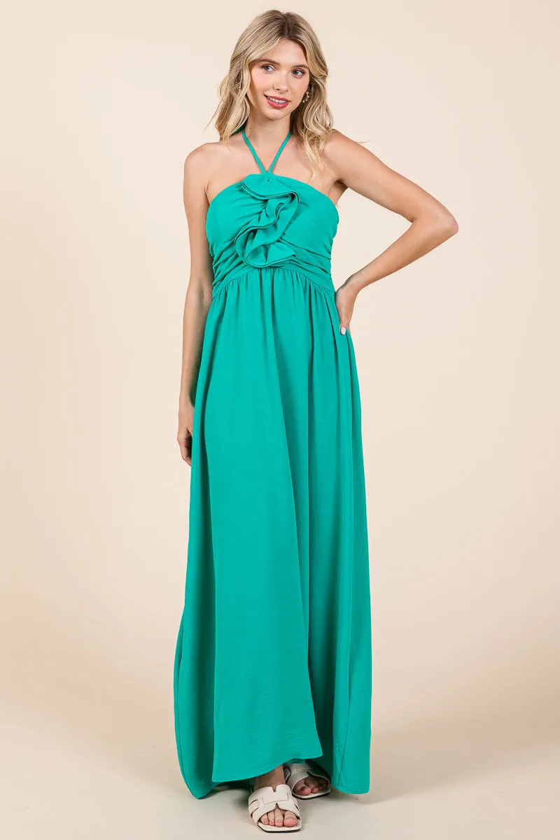 Halter Neck Smocked Embellished Maxi Dress