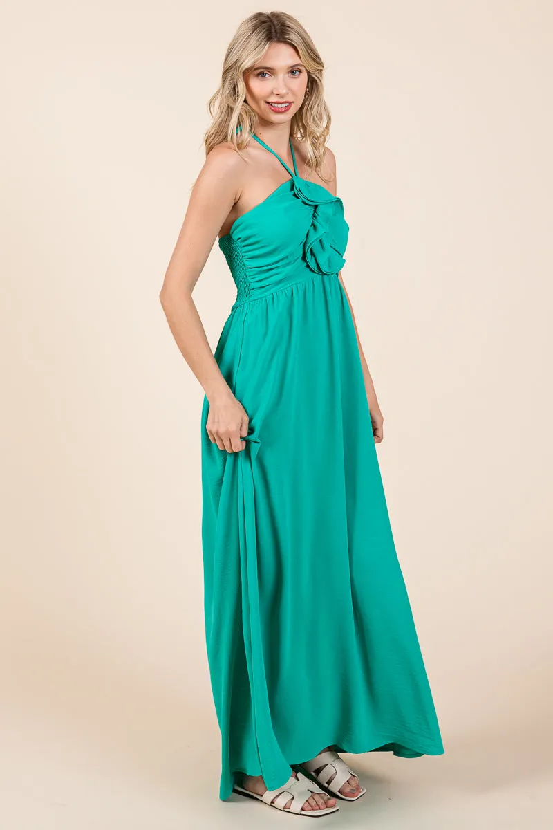 Halter Neck Smocked Embellished Maxi Dress