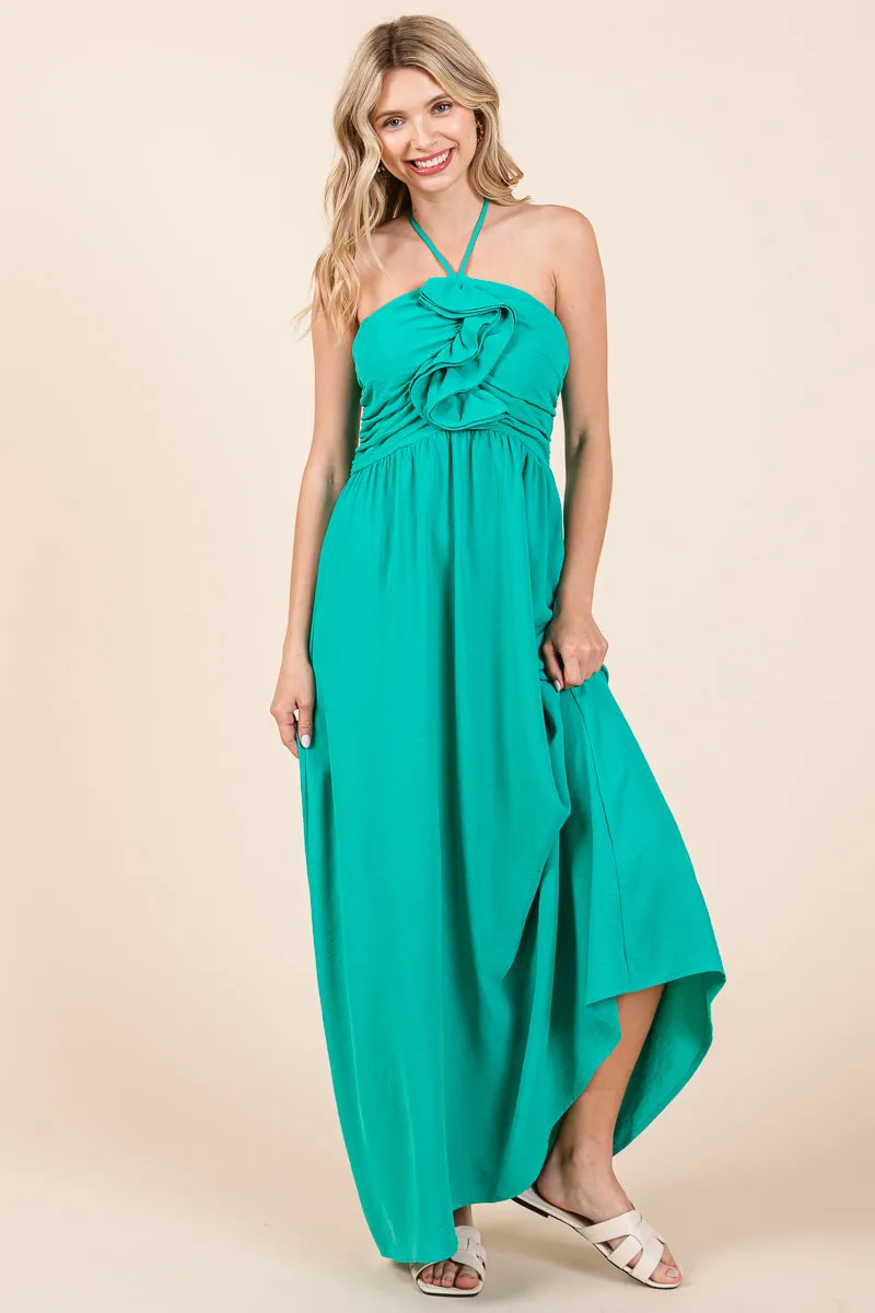 Halter Neck Smocked Embellished Maxi Dress