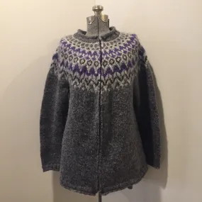 Hand Knit Grey and Purple Wool Cardigan