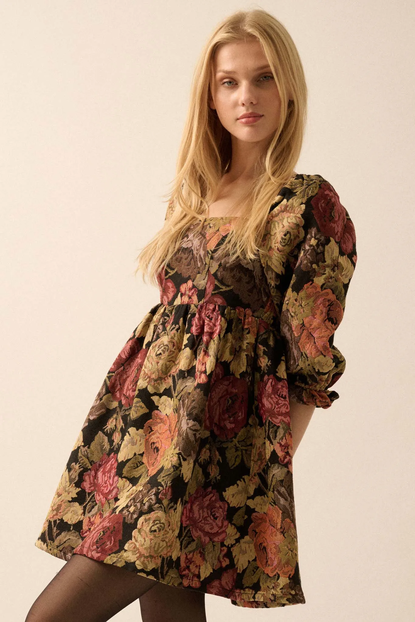 Haute Harvest Floral Tapestry Babydoll Mini Dress