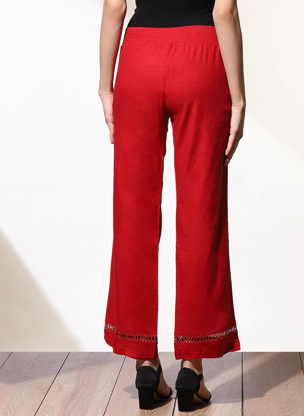 Haya Salmon Red Cotton Linen Classic Fit Pants for Women