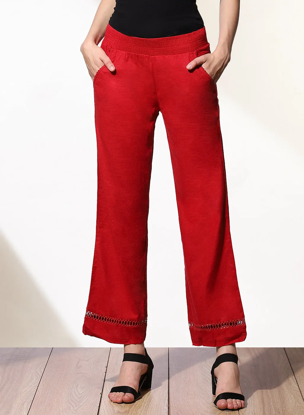 Haya Salmon Red Cotton Linen Classic Fit Pants for Women