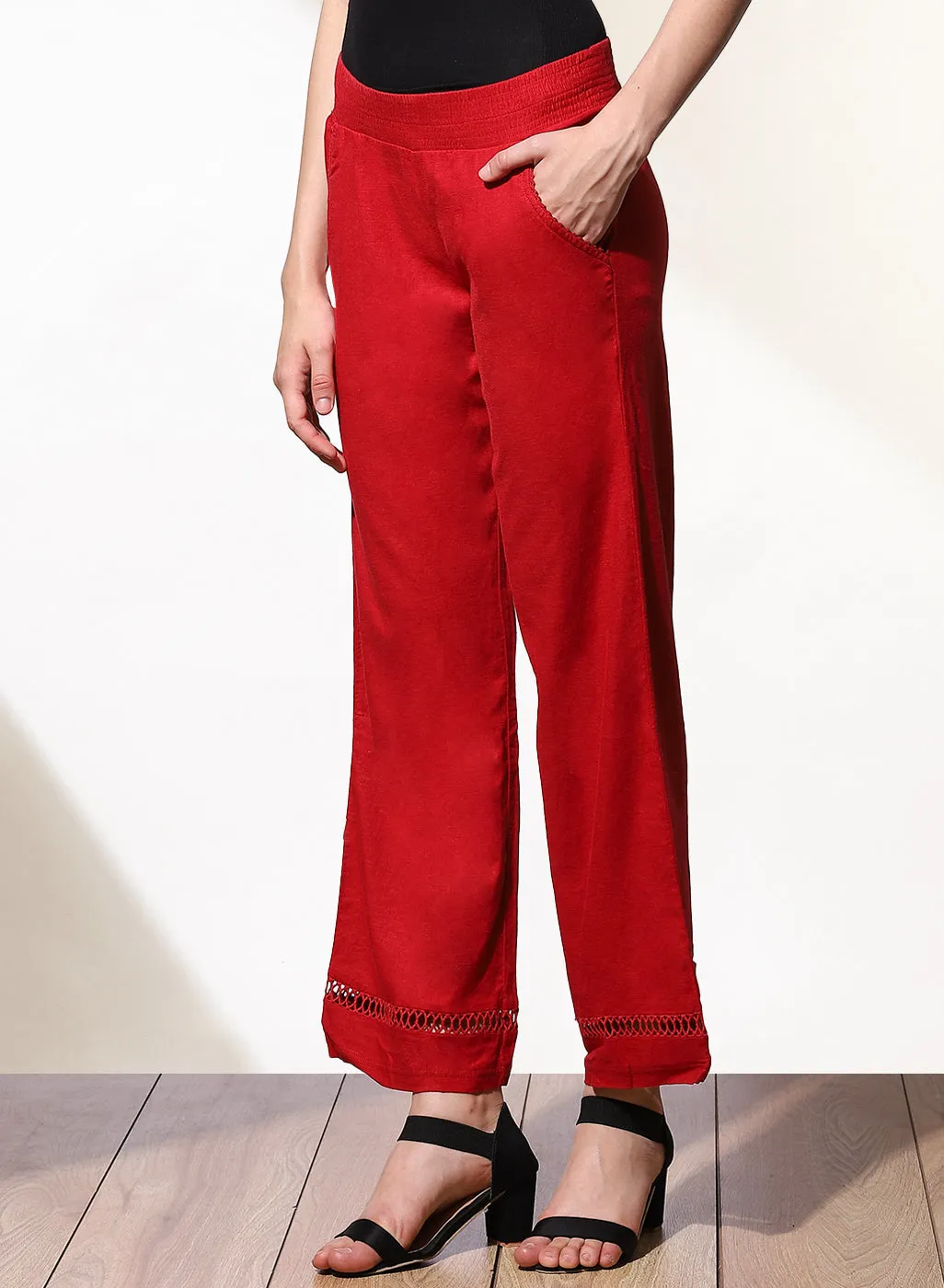 Haya Salmon Red Cotton Linen Classic Fit Pants for Women