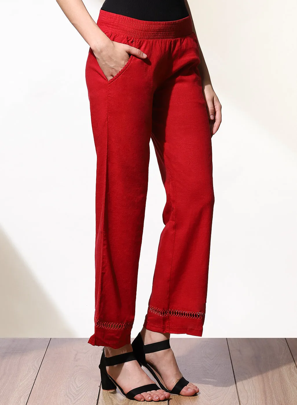 Haya Salmon Red Cotton Linen Classic Fit Pants for Women