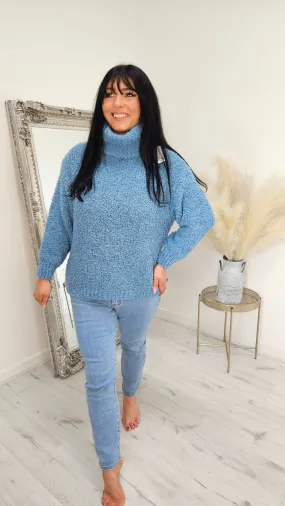 Hayley Popcorn Roll Neck Jumper - Blue