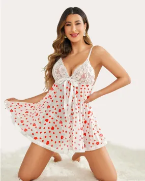 Heart Print Strap Lace Mesh Babydoll