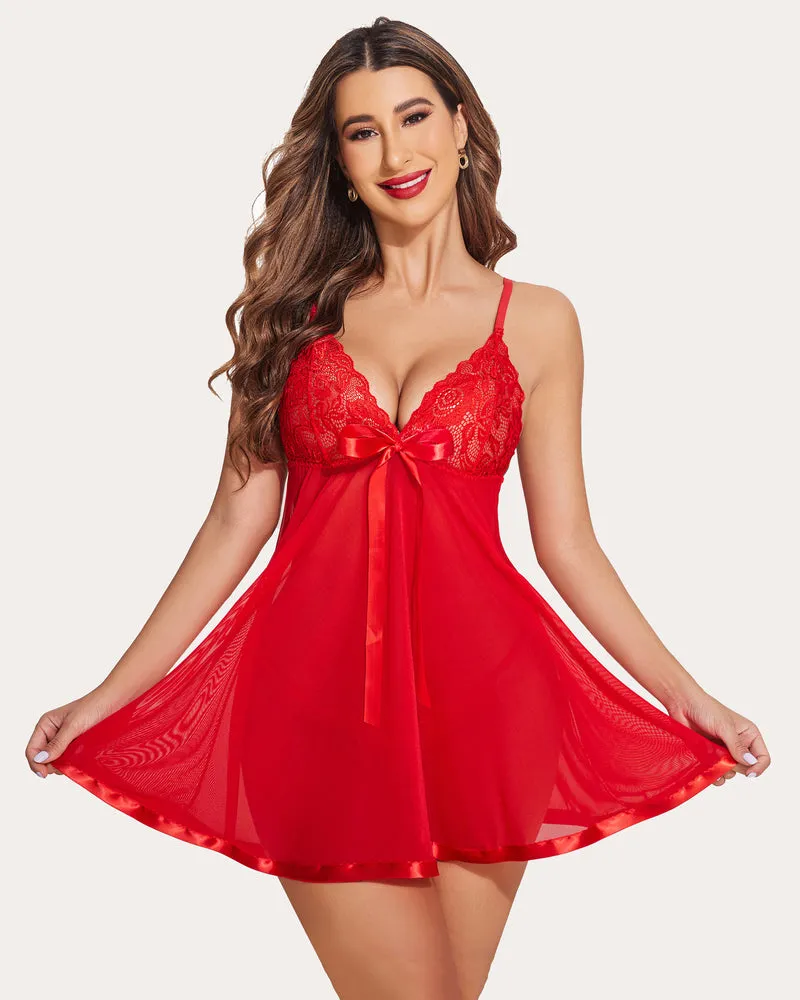 Heart Print Strap Lace Mesh Babydoll