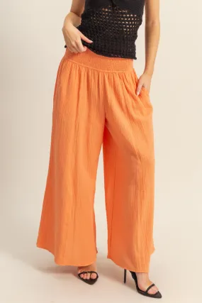 HF25C834-Double Gauze Smocked Waist Wide Leg Pants