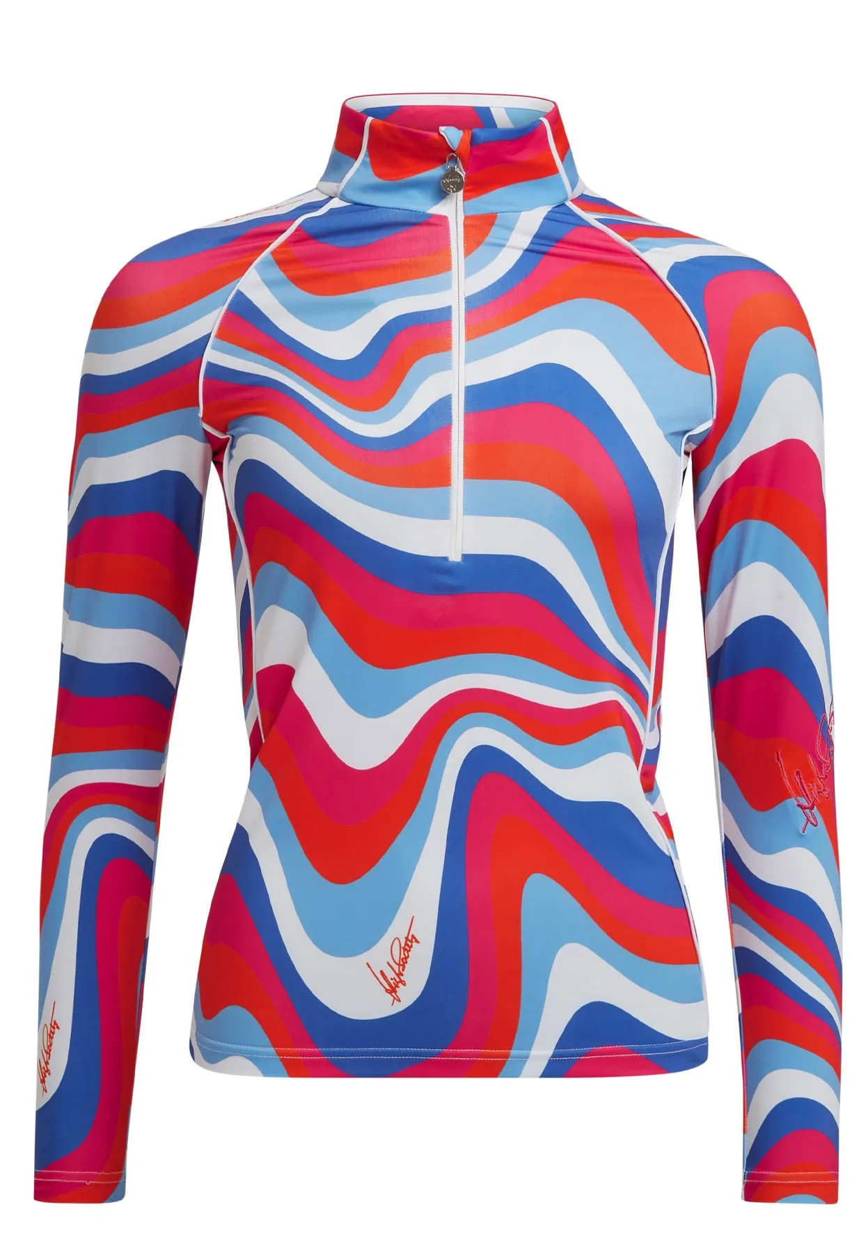 High Society Judy Half Zip Base Layer in Pink and White Miami Vibes Pattern