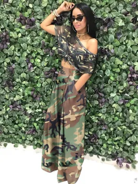 High Waist Camo Printed Wide Leg Long Pants