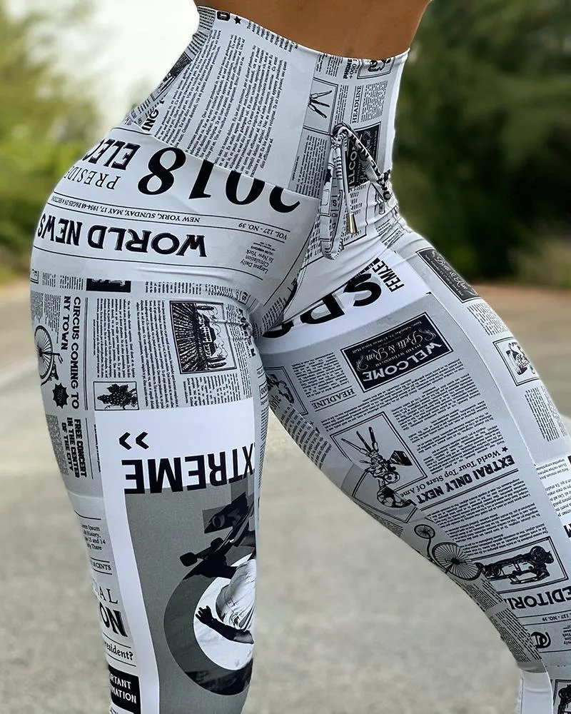 High Waist Newspaper Print Butt Lifting Pants