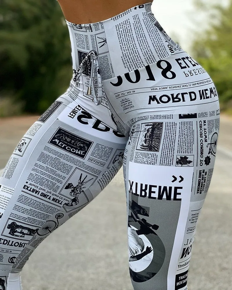 High Waist Newspaper Print Butt Lifting Pants