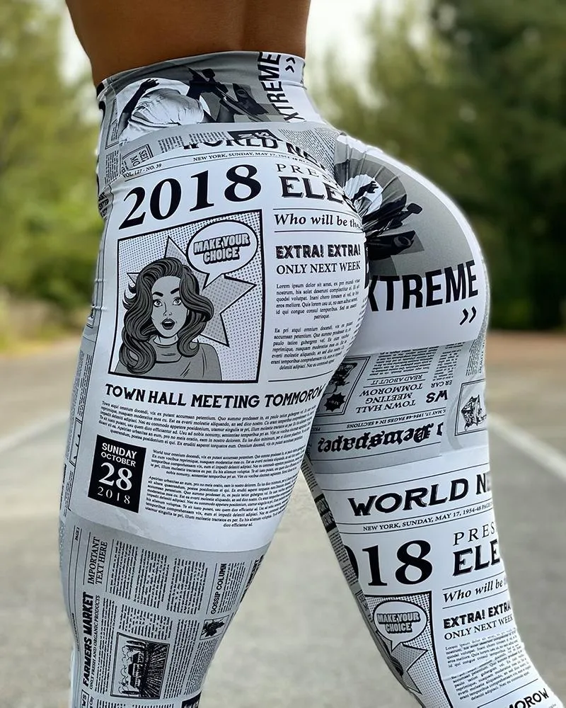 High Waist Newspaper Print Butt Lifting Pants