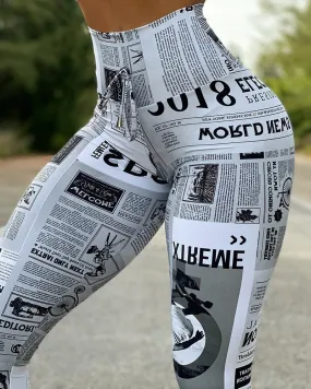 High Waist Newspaper Print Butt Lifting Pants