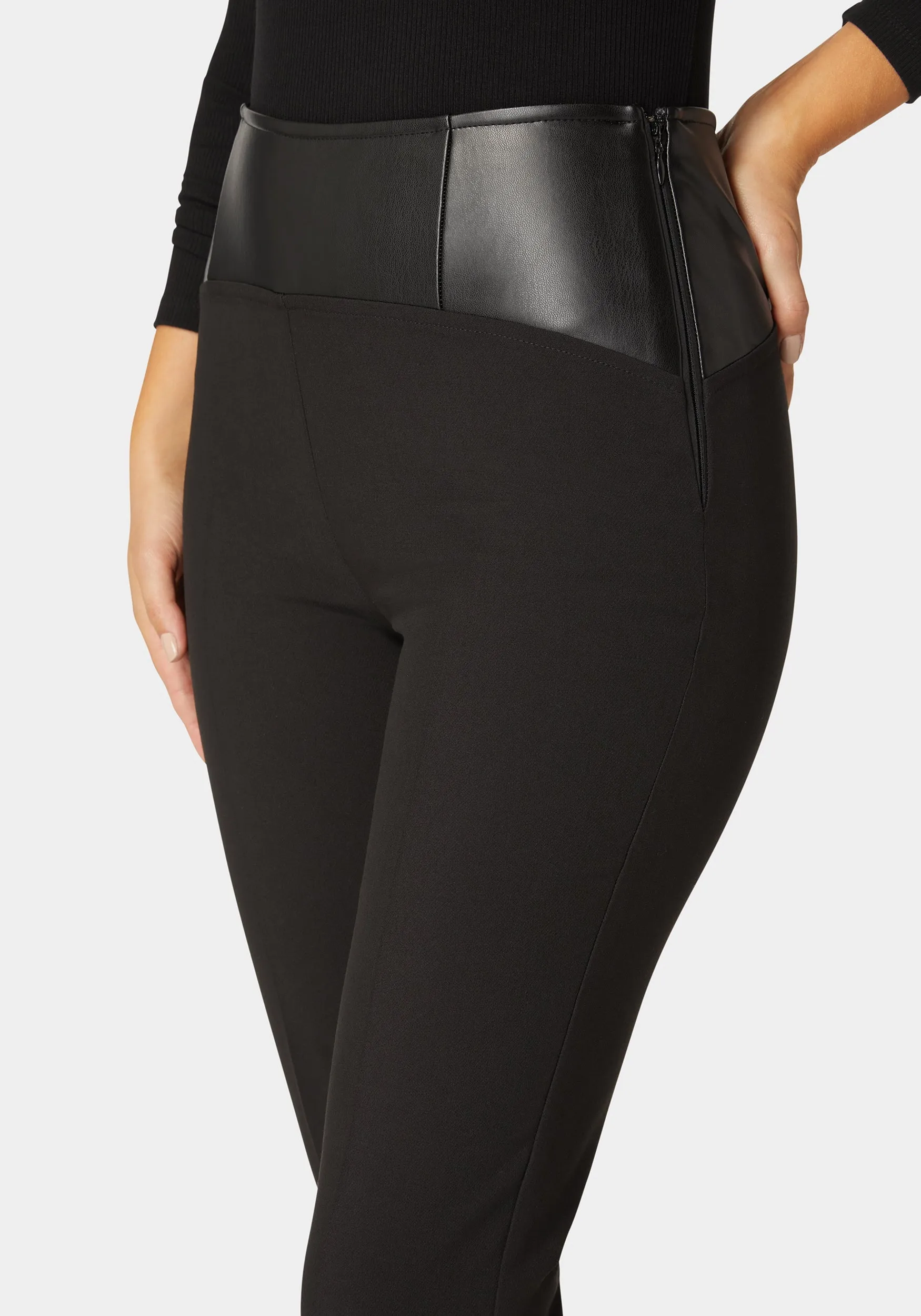 High Waist Vegan Leather Yoke Woven Twill Slim Leg Pant