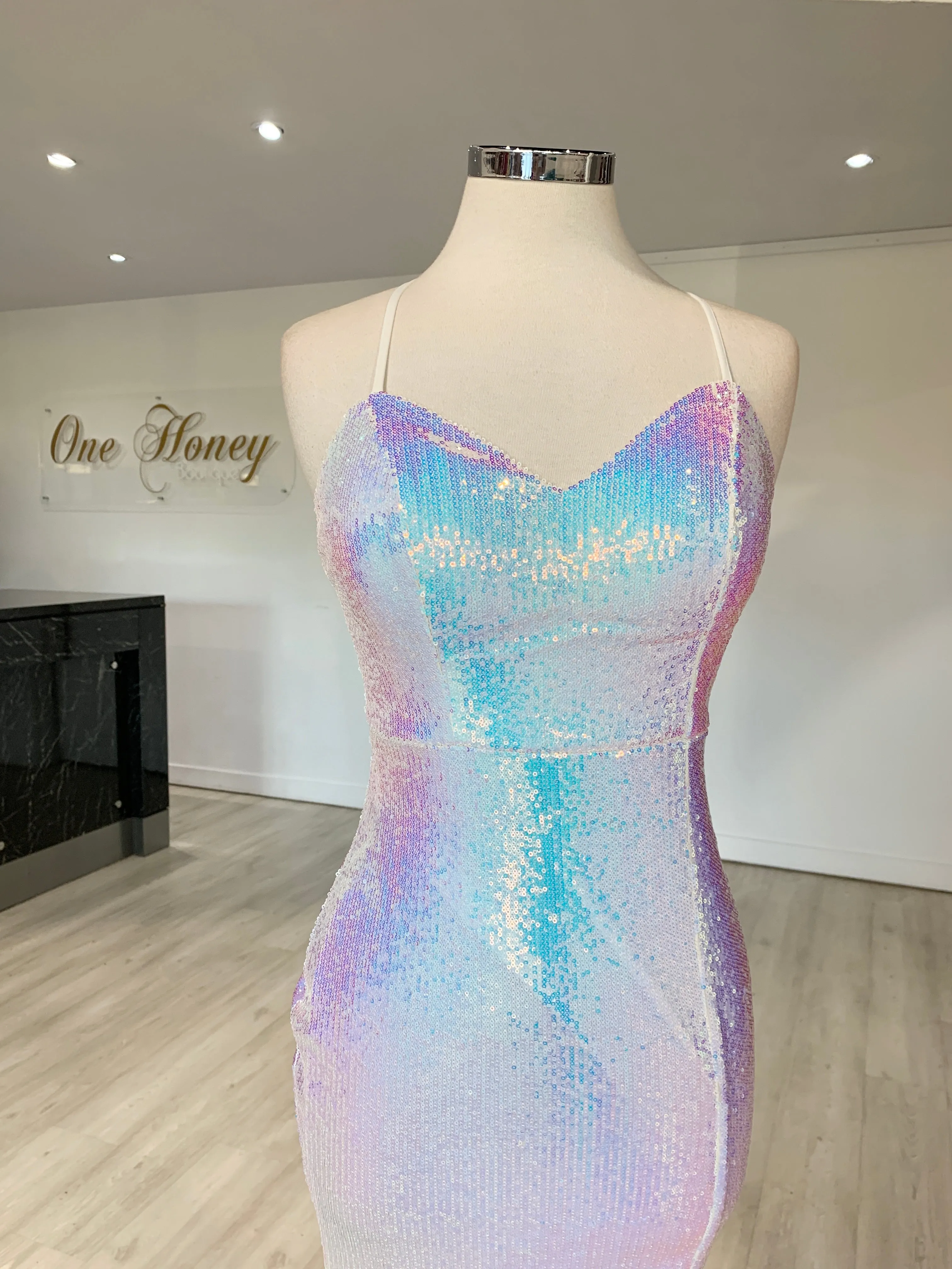 Honey Couture AMETHYST Iridescent Silver Mermaid Evening Gown Dress