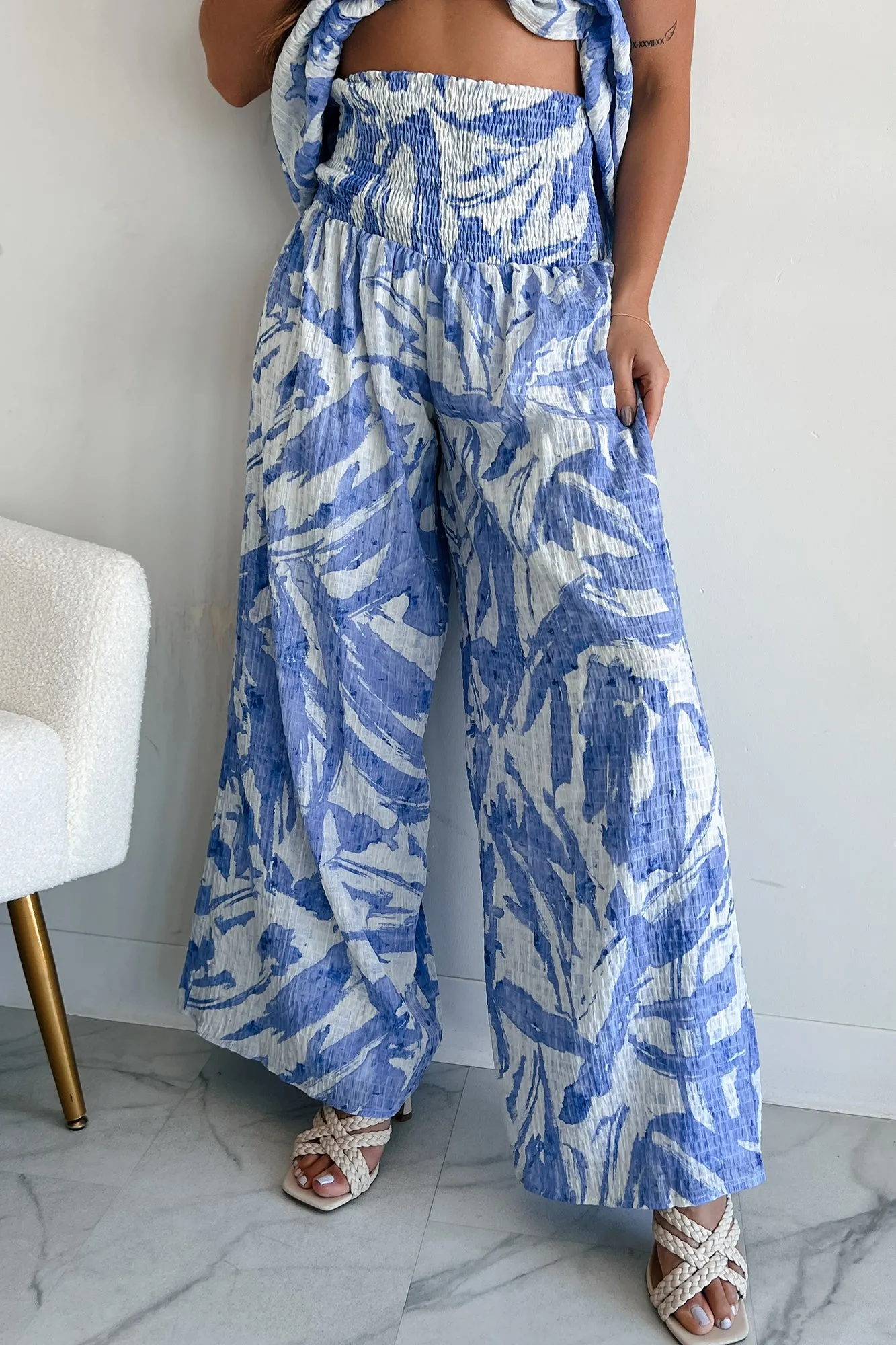 Iconic Option Printed Smocked Wide Leg Pants (Blue)