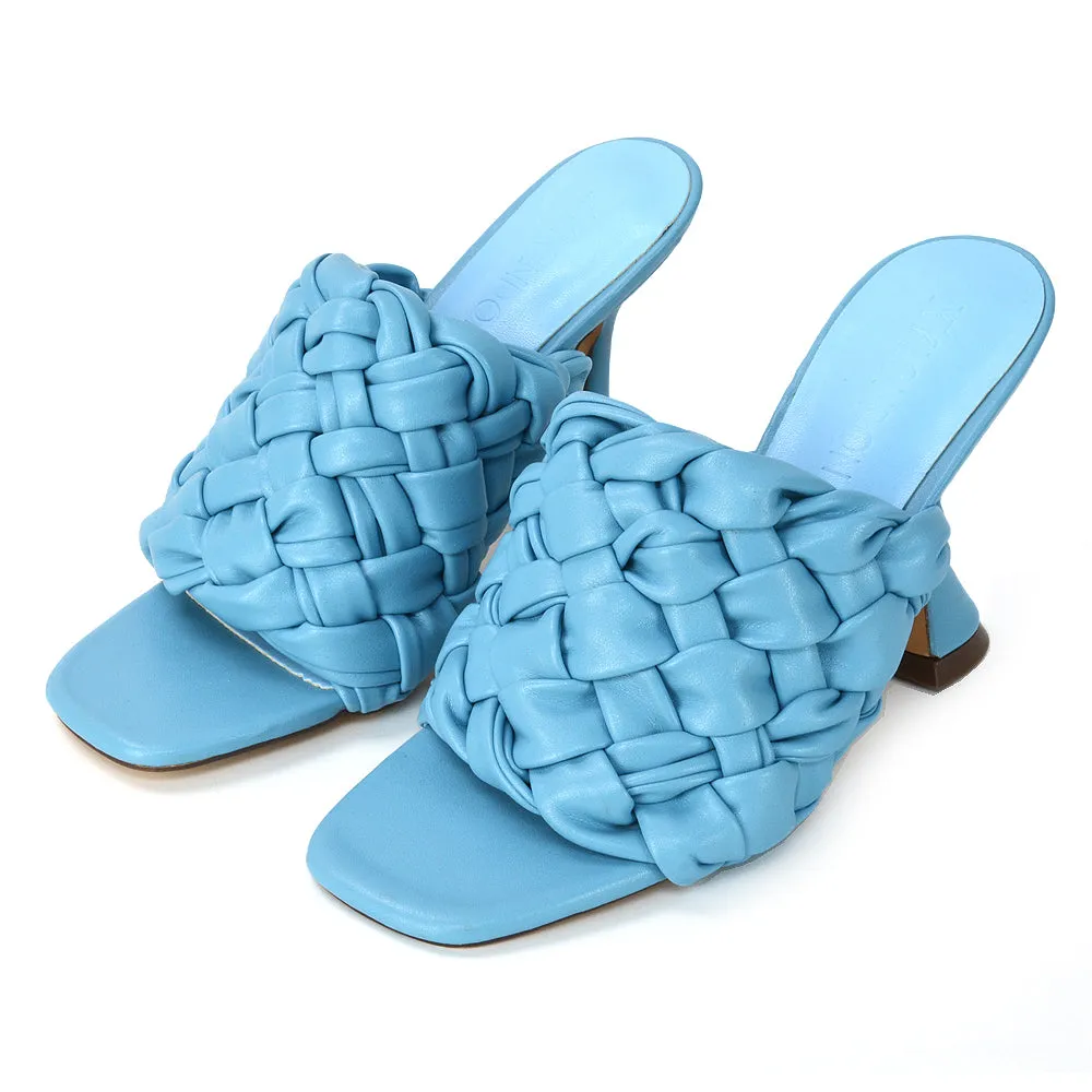 Jaci Woven Sandal Strap Square Toe Sculptured Flared Low mid High Heel Mules in Blue Synthetic Leather