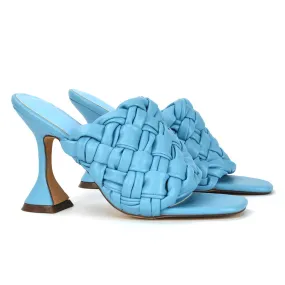 Jaci Woven Sandal Strap Square Toe Sculptured Flared Low mid High Heel Mules in Blue Synthetic Leather