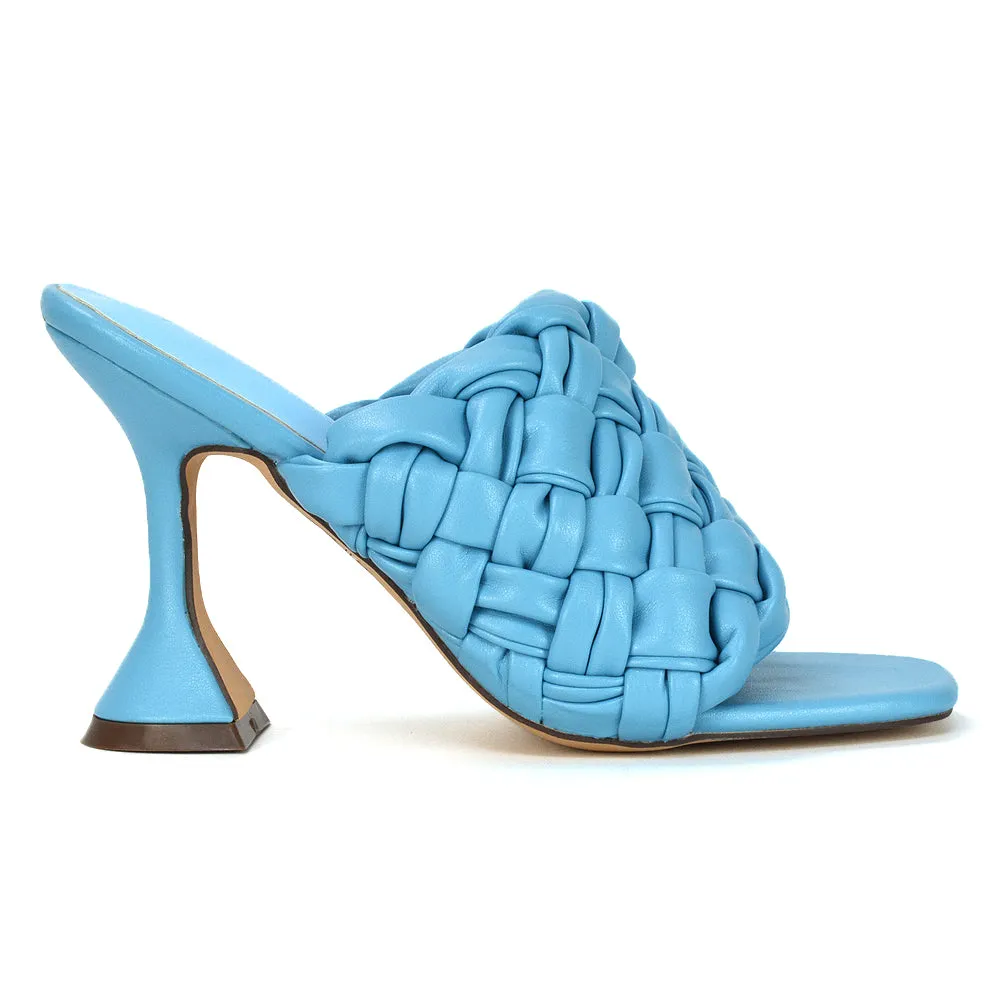 Jaci Woven Sandal Strap Square Toe Sculptured Flared Low mid High Heel Mules in Blue Synthetic Leather