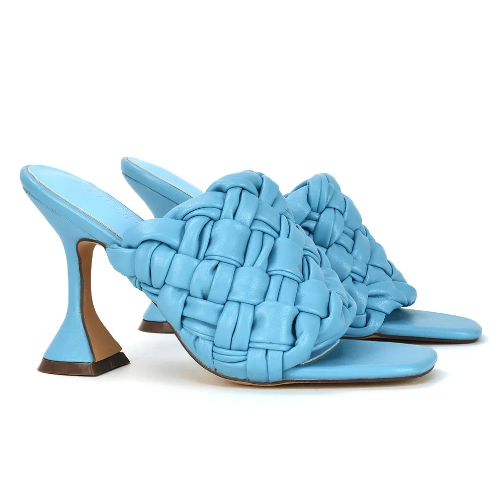 Jaci Woven Sandal Strap Square Toe Sculptured Flared Low mid High Heel Mules in Blue Synthetic Leather