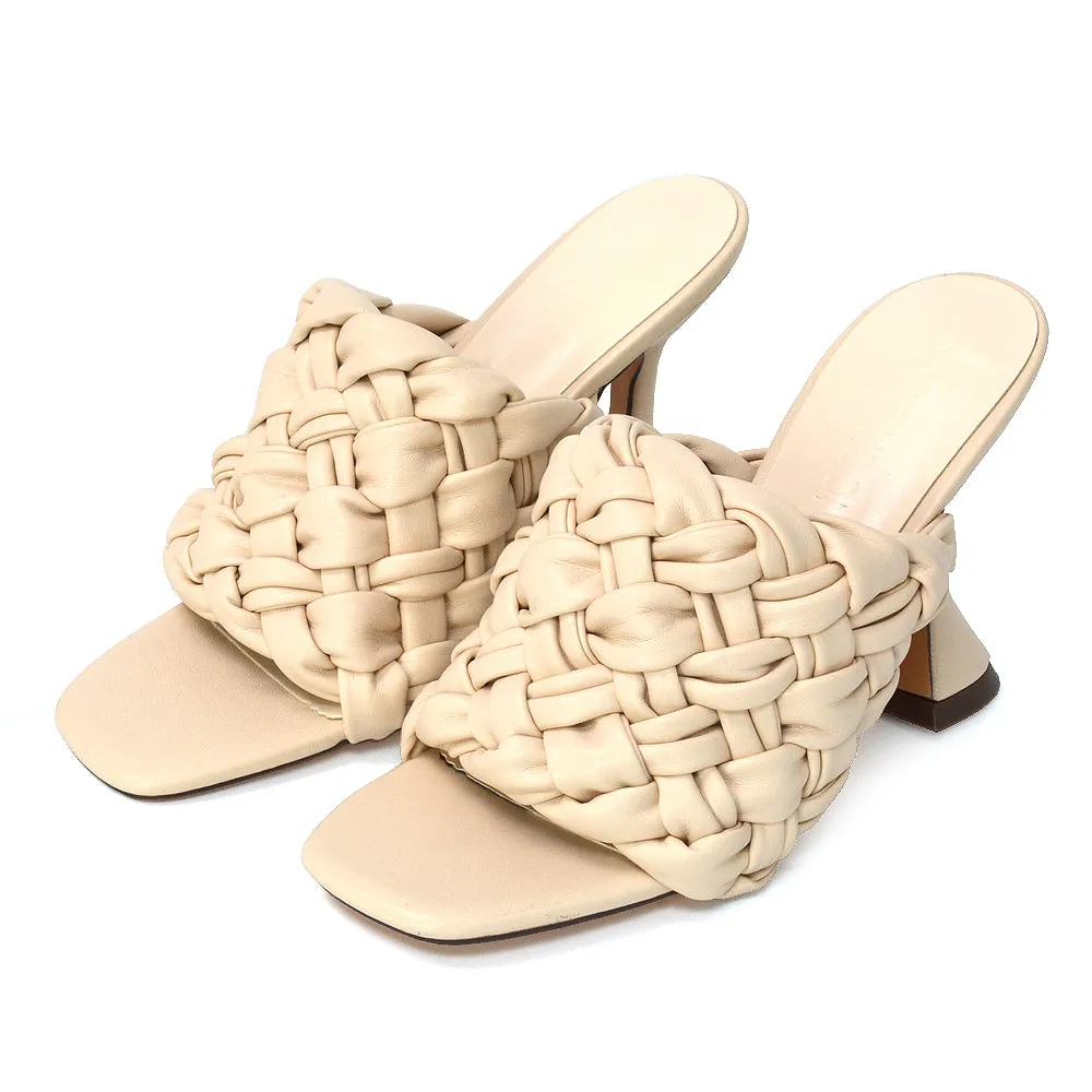 Jaci Woven Sandal Strap Square Toe Sculptured Flared Low mid High Heel Mules in Blue Synthetic Leather