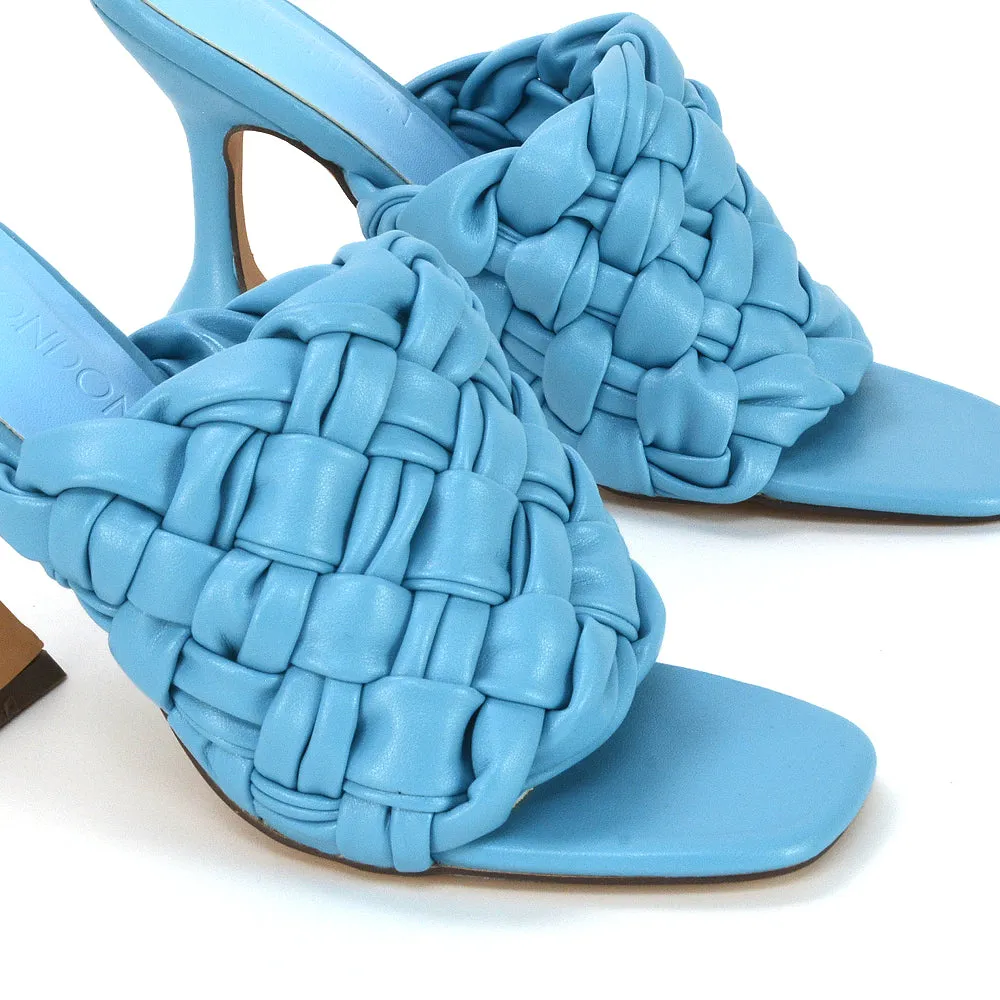 Jaci Woven Sandal Strap Square Toe Sculptured Flared Low mid High Heel Mules in Blue Synthetic Leather